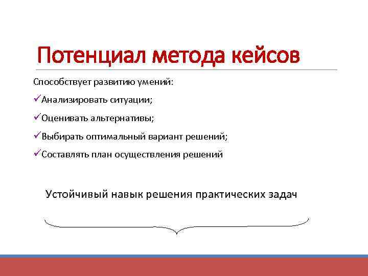 Потенциал метода кейсов Способствует развитию умений: üАнализировать ситуации; üОценивать альтернативы; üВыбирать оптимальный вариант решений;