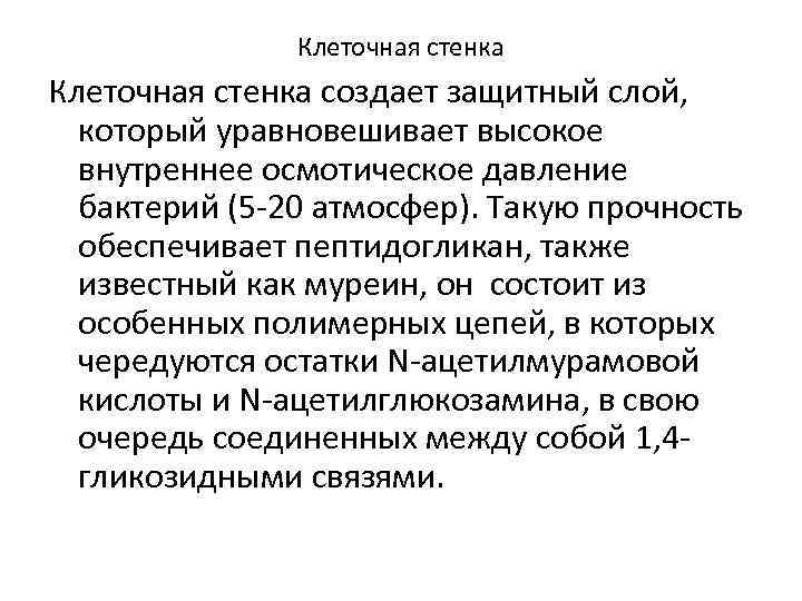 Клеточная стенка создает защитный слой, который уравновешивает высокое внутреннее осмотическое давление бактерий (5 20