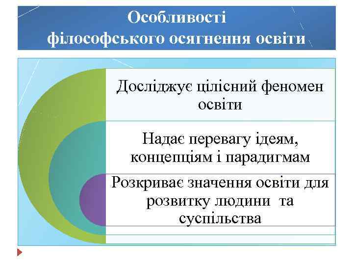 Особливості філософського осягнення освіти Досліджує цілісний феномен освіти Надає перевагу ідеям, концепціям і парадигмам