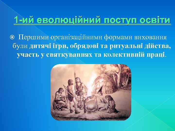 1 -ий еволюційний поступ освіти Першими організаційними формами виховання були дитячі ігри, обрядові та