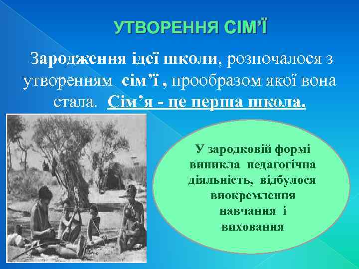 УТВОРЕННЯ СІМ’Ї Зародження ідеї школи, розпочалося з утворенням сім’ї , прообразом якої вона стала.