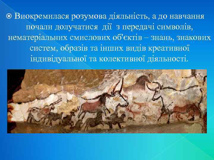 Виокремилася розумова діяльність, а до навчання почали долучатися дії з передачі символів, нематеріальних смислових