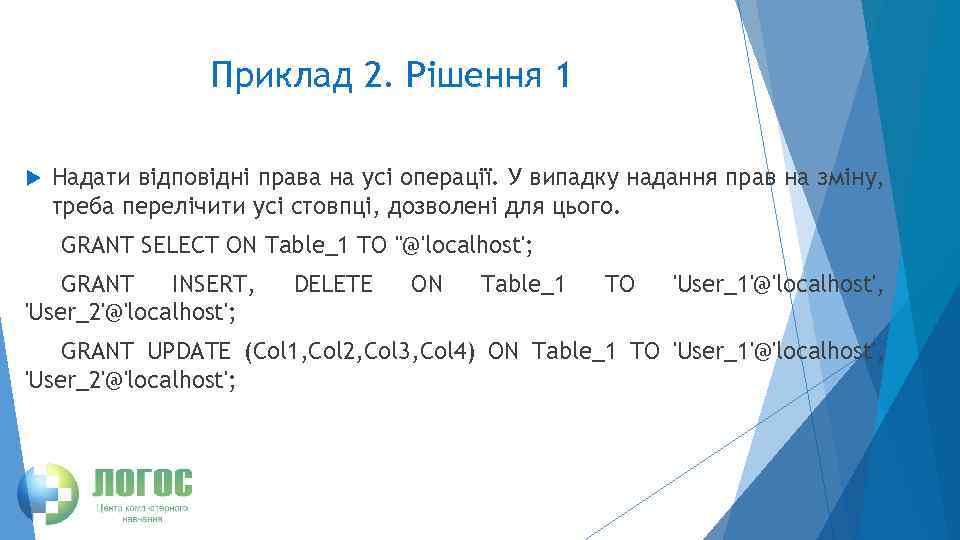 Приклад 2. Рішення 1 Надати відповідні права на усі операції. У випадку надання прав