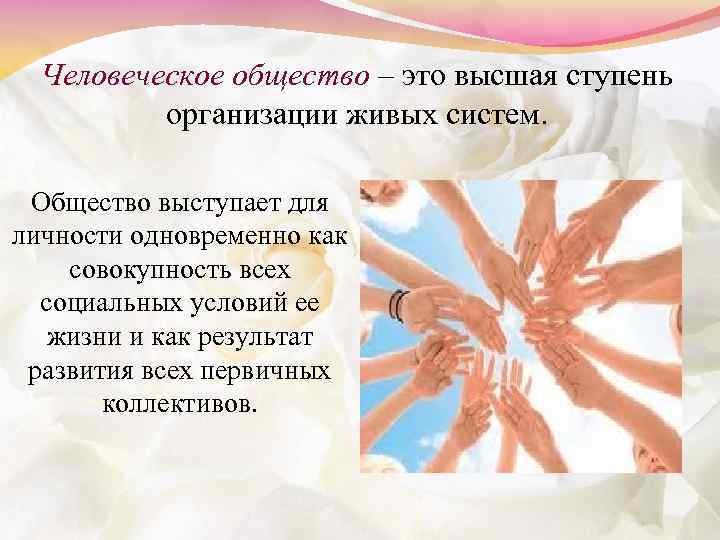 Человеческое общество – это высшая ступень организации живых систем. Общество выступает для личности одновременно