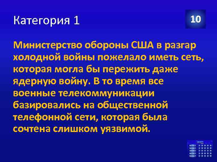 Категория 1 10 Министерство обороны США в разгар холодной войны пожелало иметь сеть, которая