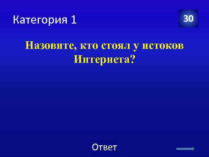 Категория 1 30 Назовите, кто стоял у истоков Интернета? Ответ 