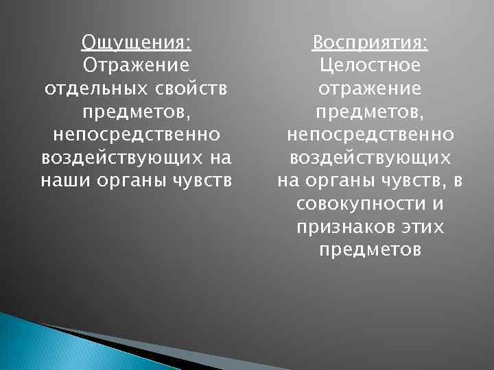 Ощущения: Отражение отдельных свойств предметов, непосредственно воздействующих на наши органы чувств Восприятия: Целостное отражение