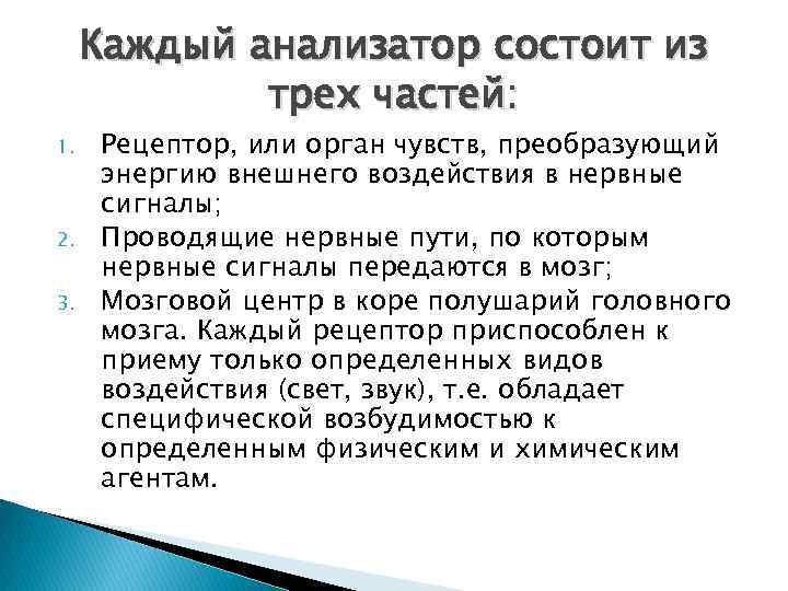 Каждый анализатор состоит из трех частей: 1. 2. 3. Рецептор, или орган чувств, преобразующий