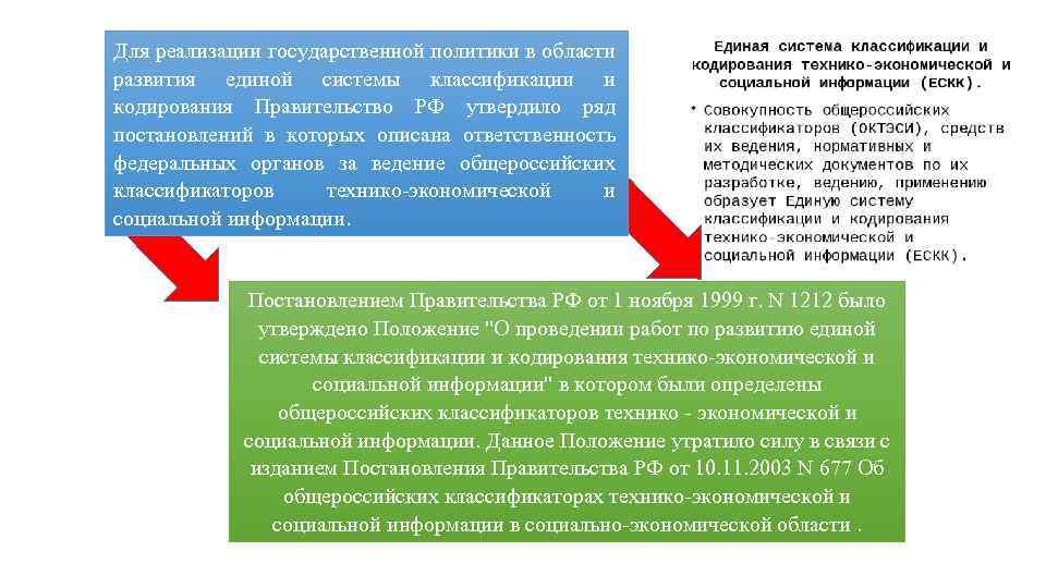 Для реализации государственной политики в области развития единой системы классификации и кодирования Правительство РФ