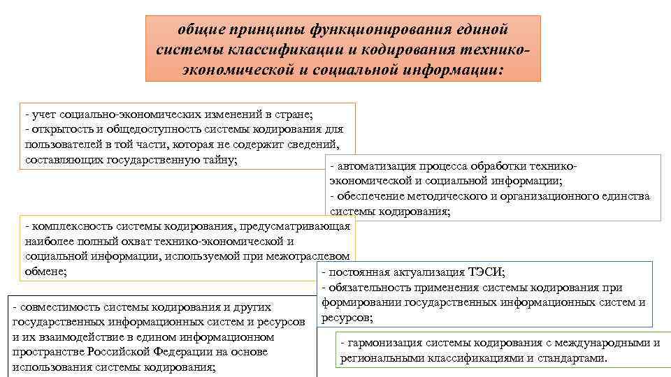 общие принципы функционирования единой системы классификации и кодирования техникоэкономической и социальной информации: - учет