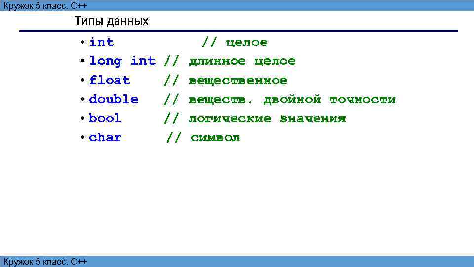 Алгоритмизация и программирование, язык C++, 10 класс Кружок 5 класс. С++ 2 Типы данных