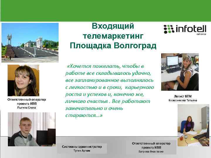 Входящий телемаркетинг Площадка Волгоград «Хочется пожелать, чтобы в Ответственный оператор проекта КПП Лыгина Елена