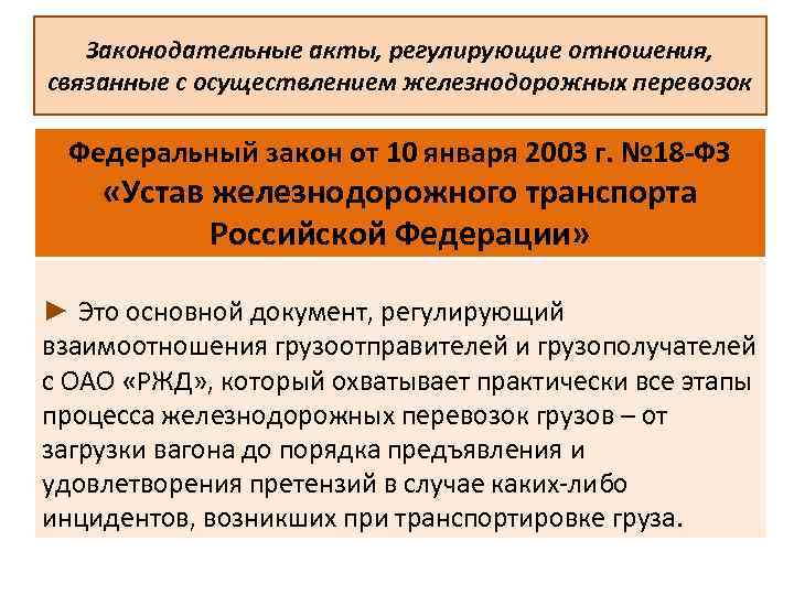 Законодательные акты, регулирующие отношения, связанные с осуществлением железнодорожных перевозок Федеральный закон от 10 января