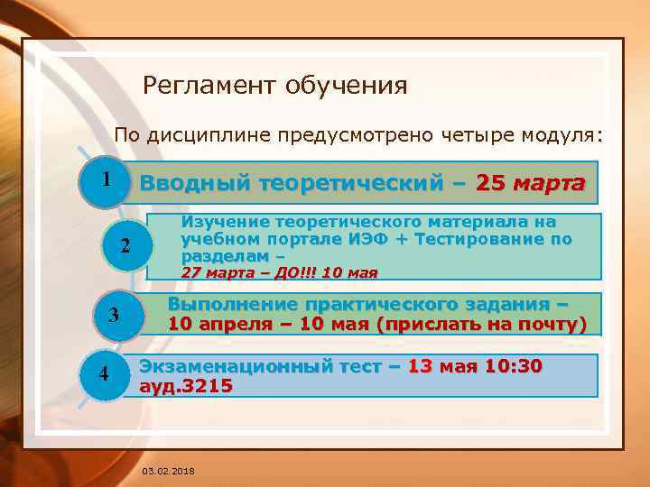 Регламент обучения По дисциплине предусмотрено четыре модуля: 1 Вводный теоретический – 25 марта 2
