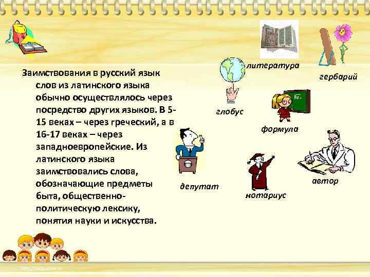 литература Заимствования в русский язык слов из латинского языка обычно осуществлялось через посредство других