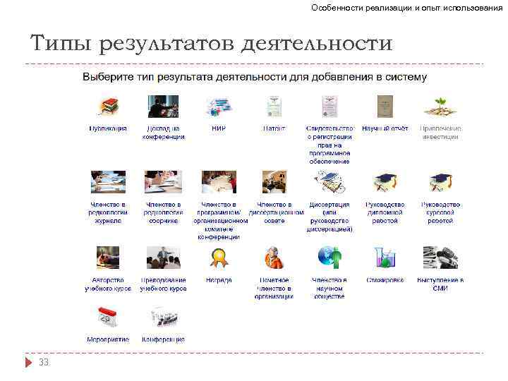 Особенности реализации и опыт использования Типы результатов деятельности 33 