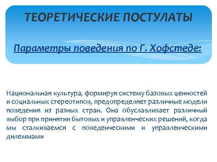 ТЕОРЕТИЧЕСКИЕ ПОСТУЛАТЫ Параметры поведения по Г. Хофстеде: Национальная культура, формируя систему базовых ценностей и