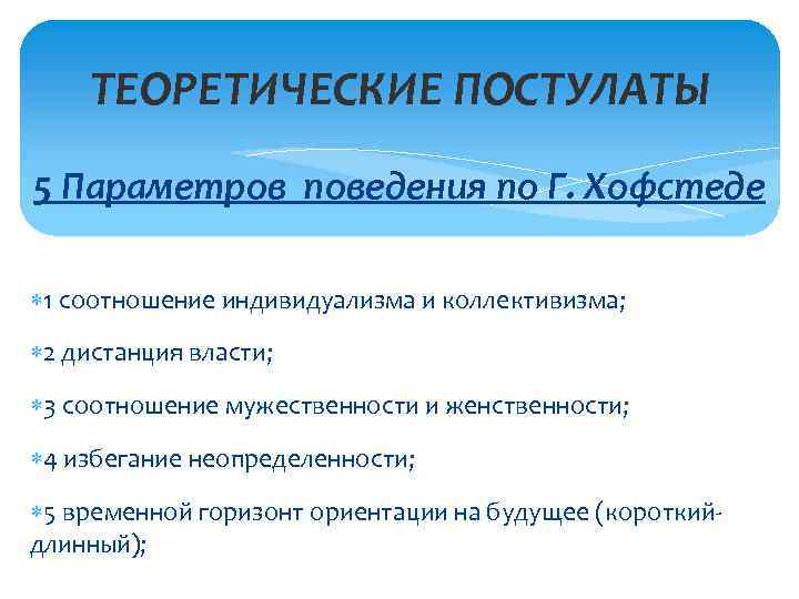 ТЕОРЕТИЧЕСКИЕ ПОСТУЛАТЫ 5 Параметров поведения по Г. Хофстеде 1 соотношение индивидуализма и коллективизма; 2