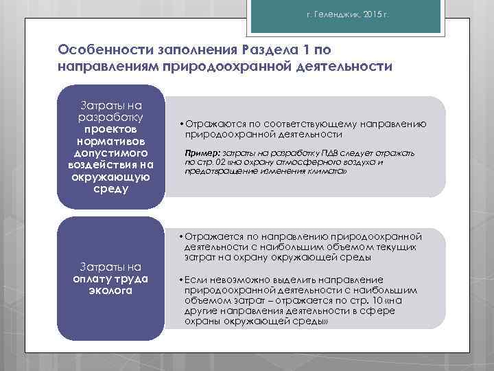 г. Геленджик, 2015 г. Особенности заполнения Раздела 1 по направлениям природоохранной деятельности Затраты на