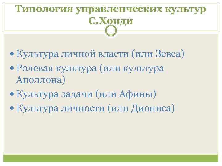 Типология управленческих культур С. Хонди Культура личной власти (или Зевса) Ролевая культура (или культура