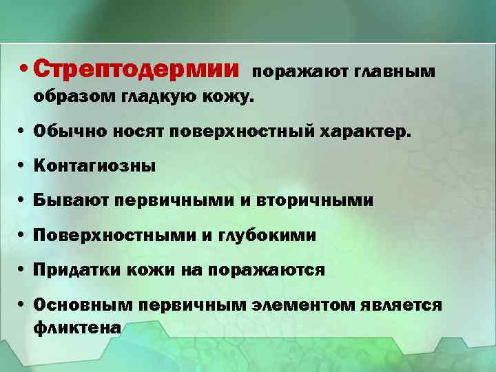  • Стрептодермии поражают главным образом гладкую кожу. • Обычно носят поверхностный характер. •