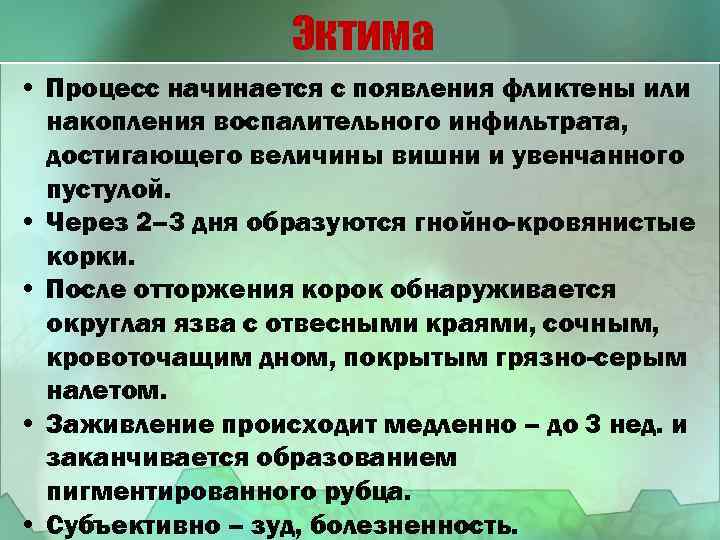 Эктима • Процесс начинается с появления фликтены или накопления воспалительного инфильтрата, достигающего величины вишни