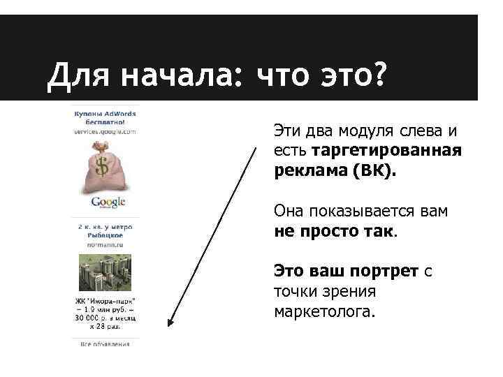 Для начала: что это? Эти два модуля слева и есть таргетированная реклама (ВК). Она