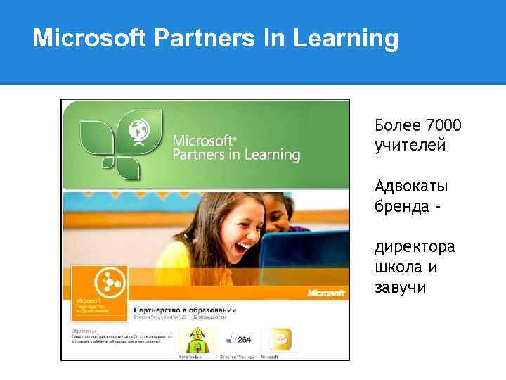 Microsoft Partners In Learning Более 7000 учителей Адвокаты бренда директора школа и завучи 