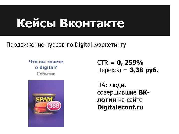 Кейсы Вконтакте Продвижение курсов по Digital-маркетингу CTR = 0, 259% Переход = 3, 38