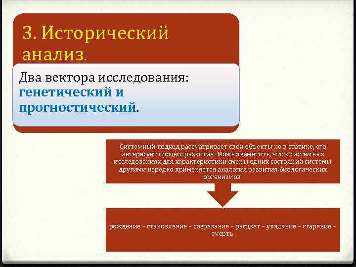 3. Исторический анализ. Два вектора исследования: генетический и прогностический. Системный подход рассматривает свои объекты