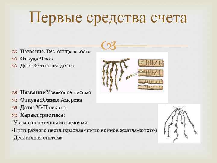 Первые средства счета Название: Вестоницкая кость Откуда: Чехия Дата: 30 тыс. лет до н.