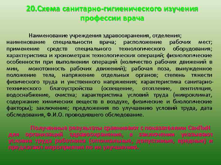 20. Схема санитарно-гигиенического изучения профессии врача Наименование учреждения здравоохранения, отделения; наименование специальности врача; расположение