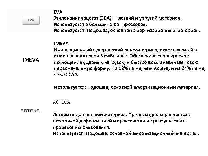 EVA Этиленвинилацетат (ЭВА) — легкий и упругий материал. Используется в большинстве кроссовок. Используется: Подошва,