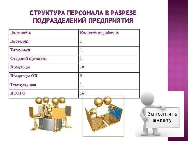 СТРУКТУРА ПЕРСОНАЛА В РАЗРЕЗЕ ПОДРАЗДЕЛЕНИЙ ПРЕДПРИЯТИЯ Должность Количество рабочих Директор 1 Товаровед 1 Старший
