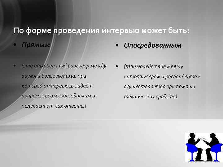 По форме проведения интервью может быть: • Прямым • Опосредованным • • (это откровенный