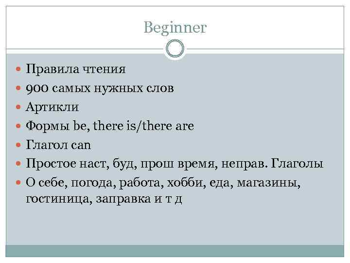 Beginner Правила чтения 900 самых нужных слов Артикли Формы be, there is/there are Глагол