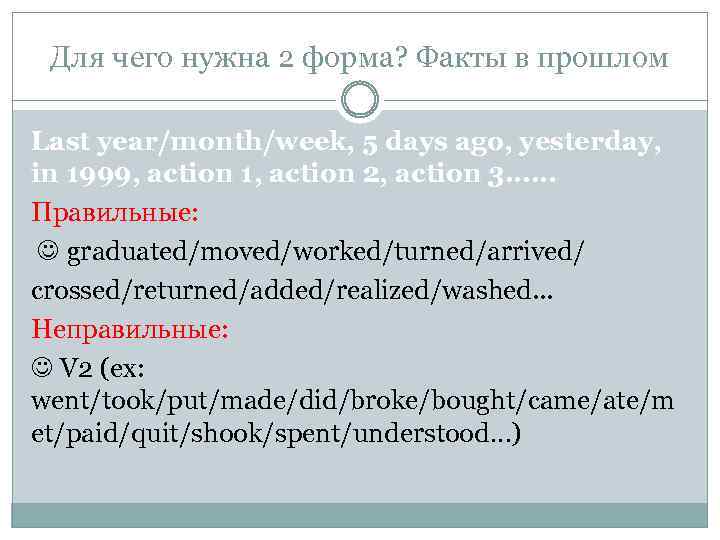 Для чего нужна 2 форма? Факты в прошлом Last year/month/week, 5 days ago, yesterday,