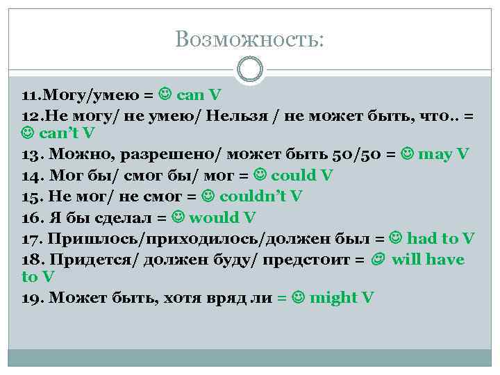 Возможность: 11. Могу/умею = can V 12. Не могу/ не умею/ Нельзя / не