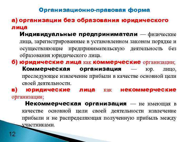 Организационно-правовая форма а) организации без образования юридического лица Индивидуальные предприниматели — физические лица, зарегистрированные