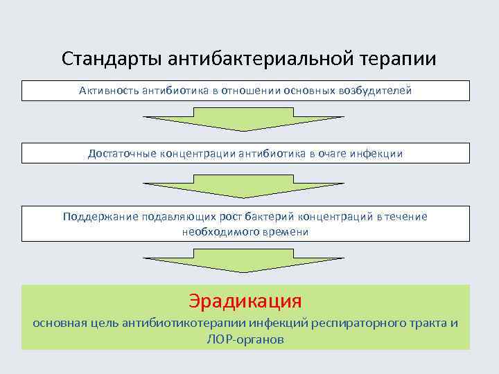 Стандарты антибактериальной терапии Активность антибиотика в отношении основных возбудителей Достаточные концентрации антибиотика в очаге