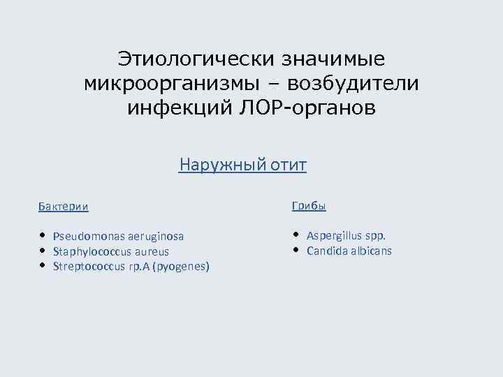 Этиологически значимые микроорганизмы – возбудители инфекций ЛОР-органов Наружный отит Бактерии Грибы • Pseudomonas aeruginosa