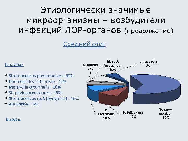 Этиологически значимые микроорганизмы – возбудители инфекций ЛОР-органов (продолжение) Средний отит Бактерии • Streptococcus pneumoniae