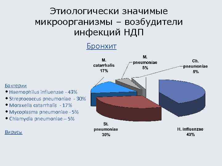 Этиологически значимые микроорганизмы – возбудители инфекций НДП Бронхит Бактерии • Haemophilus influenzae - 43%