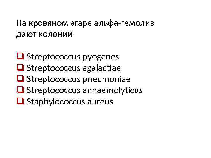 На кровяном агаре альфа-гемолиз дают колонии: q Streptococcus pyogenes q Streptococcus agalactiae q Streptococcus