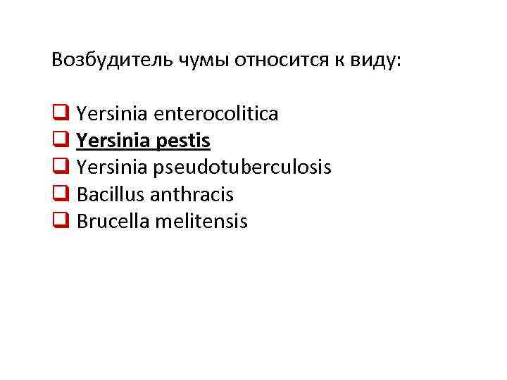Возбудитель чумы относится к виду: q Yersinia enterocolitica q Yersinia pestis q Yersinia pseudotuberculosis