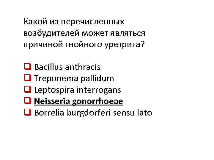 Какой из перечисленных возбудителей может являться причиной гнойного уретрита? q Bacillus anthracis q Treponema