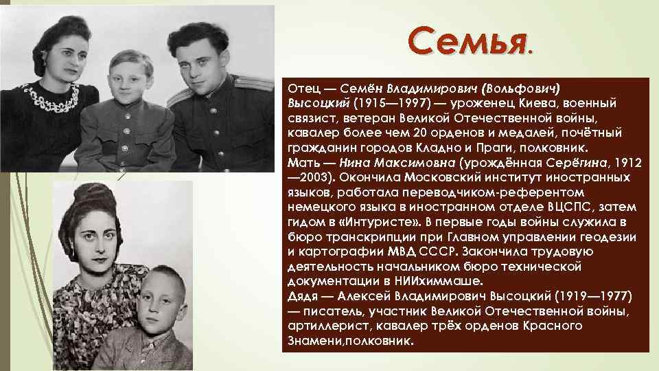 Семья. Отец — Семён Владимирович (Вольфович) Высоцкий (1915— 1997) — уроженец Киева, военный связист,