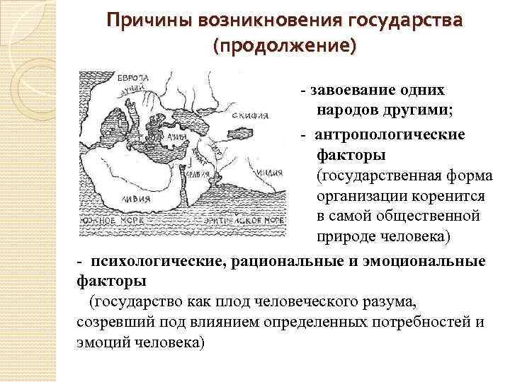 Причины возникновения государства (продолжение) - завоевание одних народов другими; - антропологические факторы (государственная форма