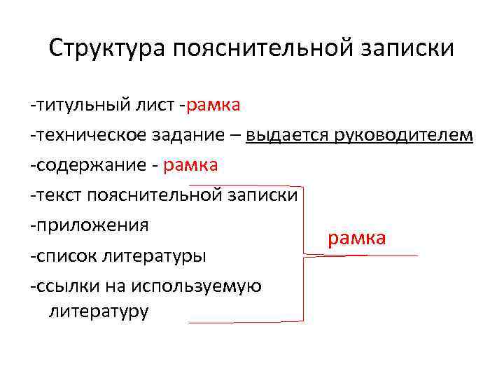 Структура пояснительной записки -титульный лист -рамка -техническое задание – выдается руководителем -содержание - рамка