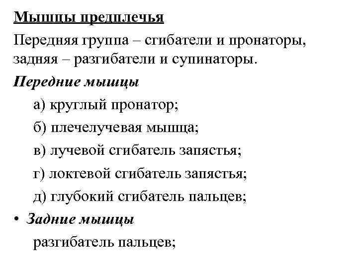 Мышцы предплечья Передняя группа – сгибатели и пронаторы, задняя – разгибатели и супинаторы. Передние